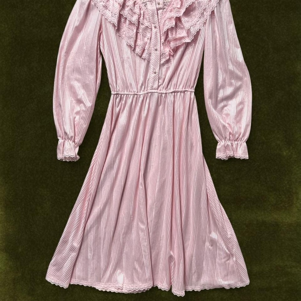 Vintage 80s Pink Metallic Ruffle Midi Dress - Modern Small